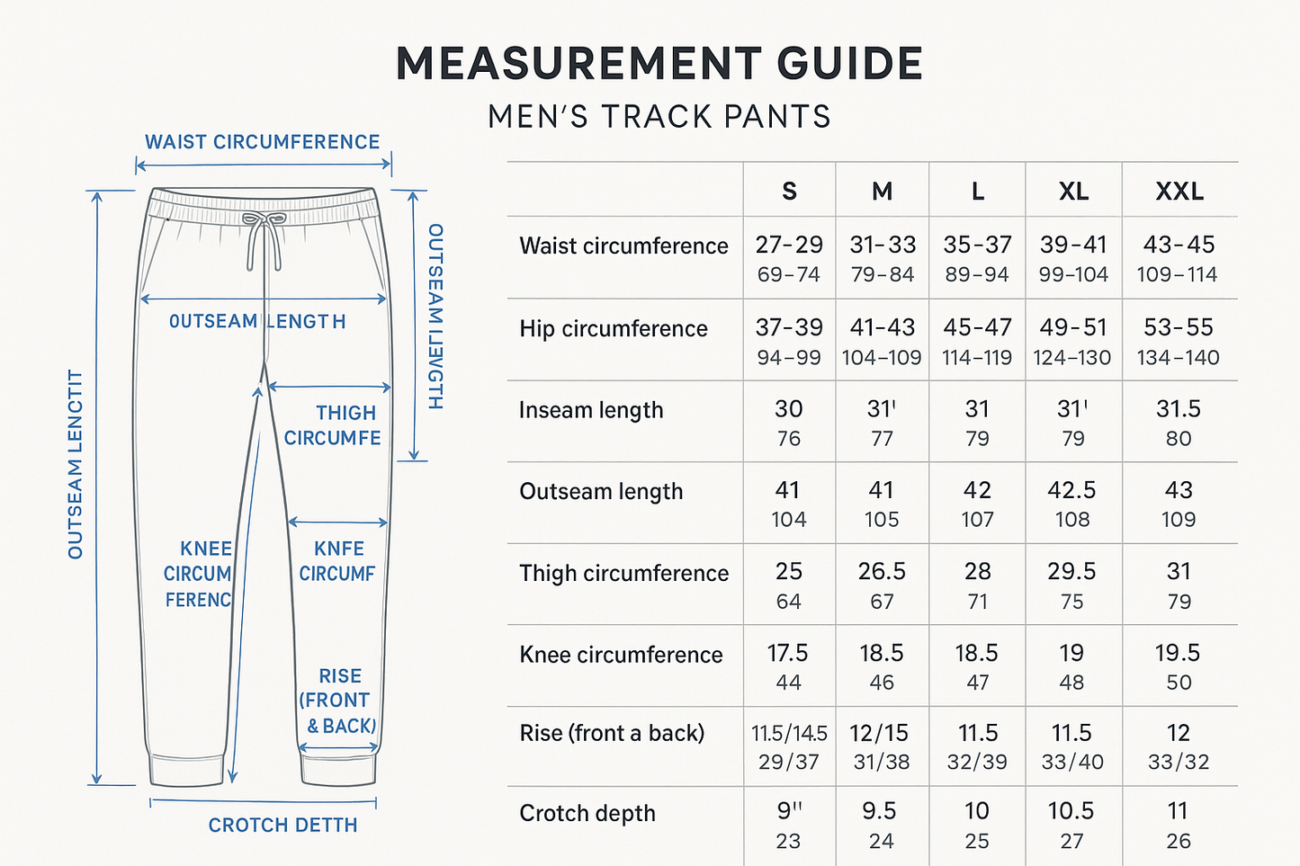 track pant men mesuarment list