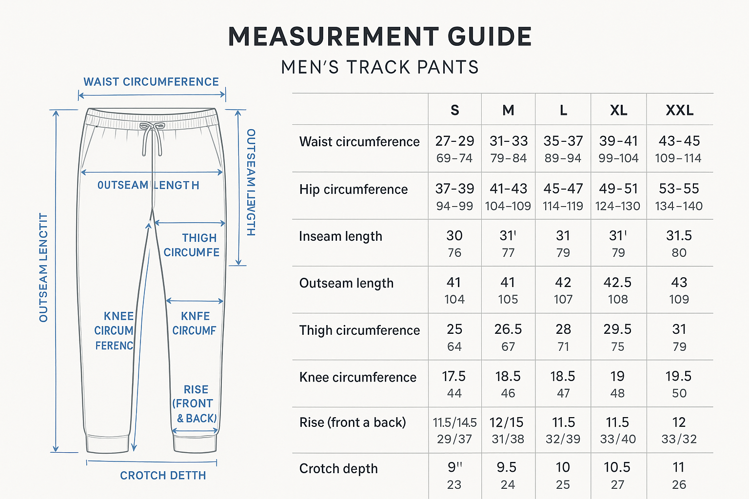 track pant men mesuarment list